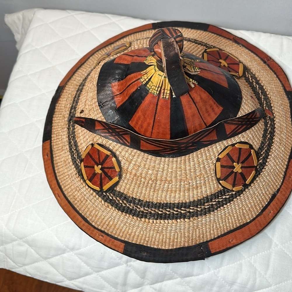 Vintage Handcrafted African Conical Fulani Woven Straw Hat Tribal Leather Trim - Picture 7 of 9